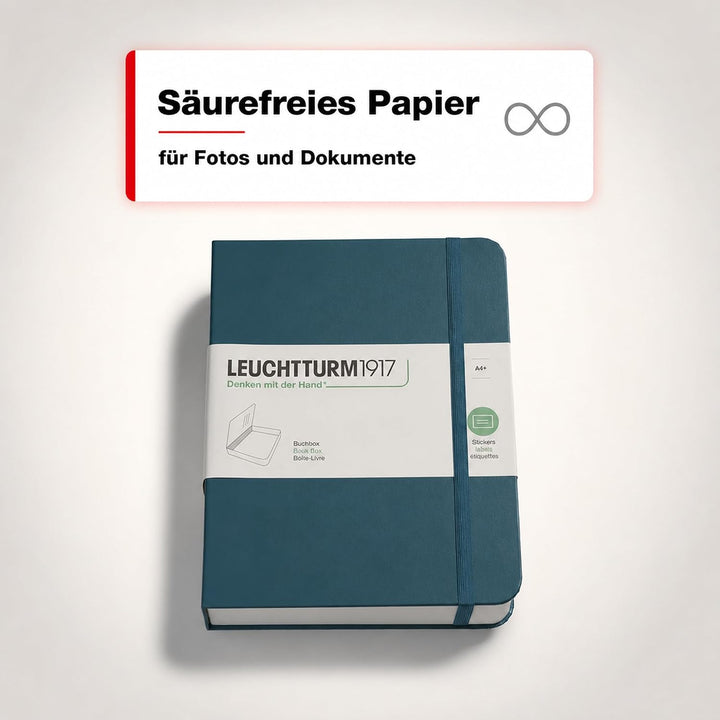 LEUCHTTURM1917 361662 Buchbox - Schachtel, Notizbuch-Look, 255 x 329 x 60 mm, mit Aufklebern, Gummi,