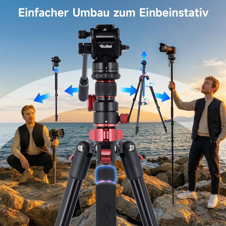 Rollei Compact Traveler No.2 XL Video Stativ Kamera mit Auslegearm 212cm Aluminium Kamerastativ mit