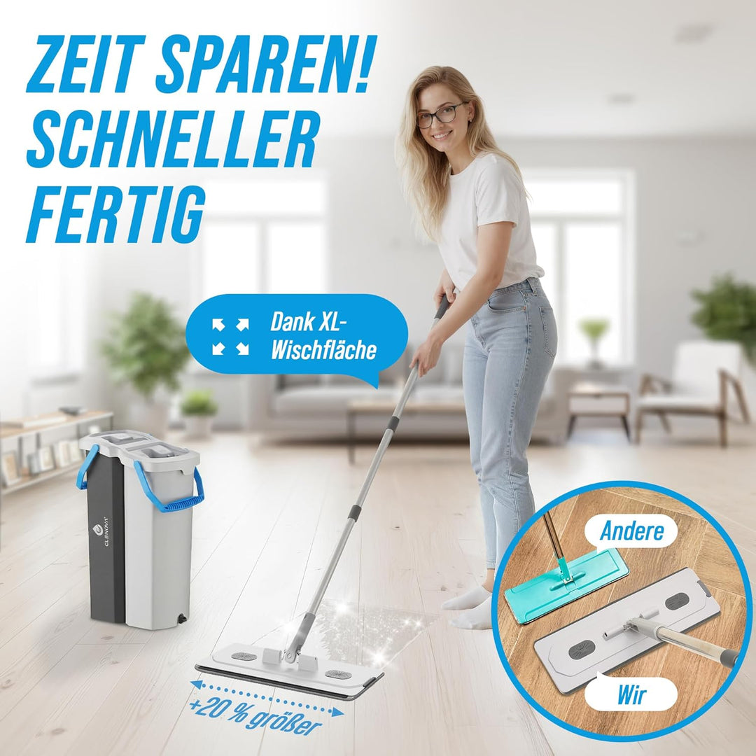 XL Wischmopp Set mit Eimer, 2-Kammer-System [Trennbarer Putzeimer], Flacher Bodenwischer, 133–166 cm