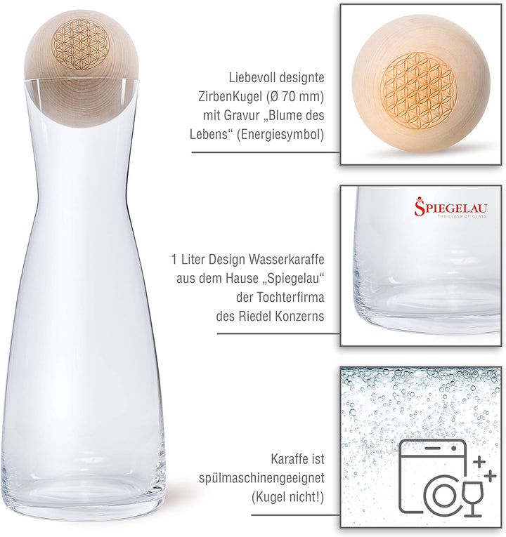 ORIGINAL ZirbenKugel Set „Blume des Lebens“ • 1 Liter Glaskaraffe Spiegelau mit natürlich duftender