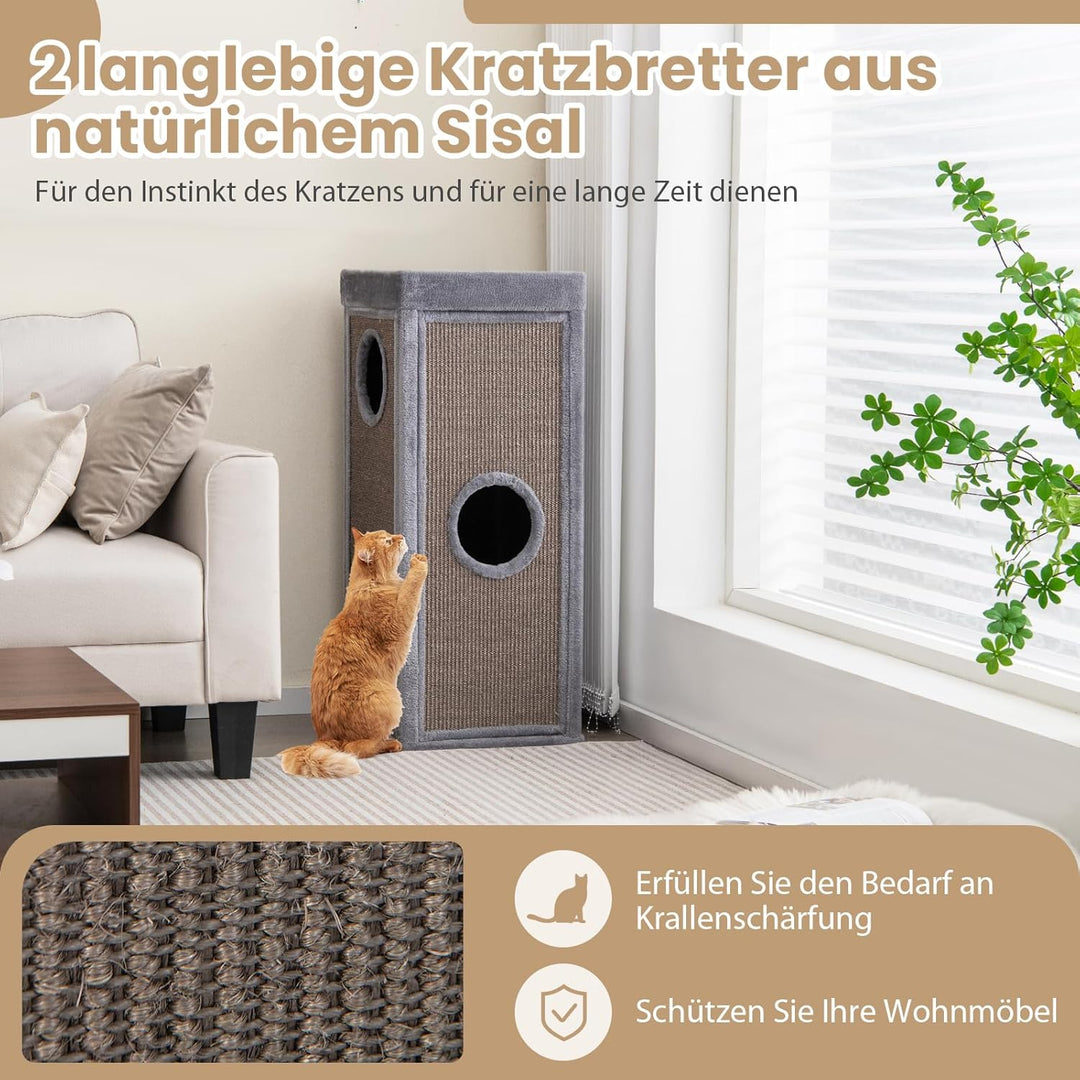 GYMAX Kratztonne 40 x 40 x 99 cm, 4-stöckige Katzentonne mit 3 Höhlen, abnehmbare Plüschkissen &amp; 2 K