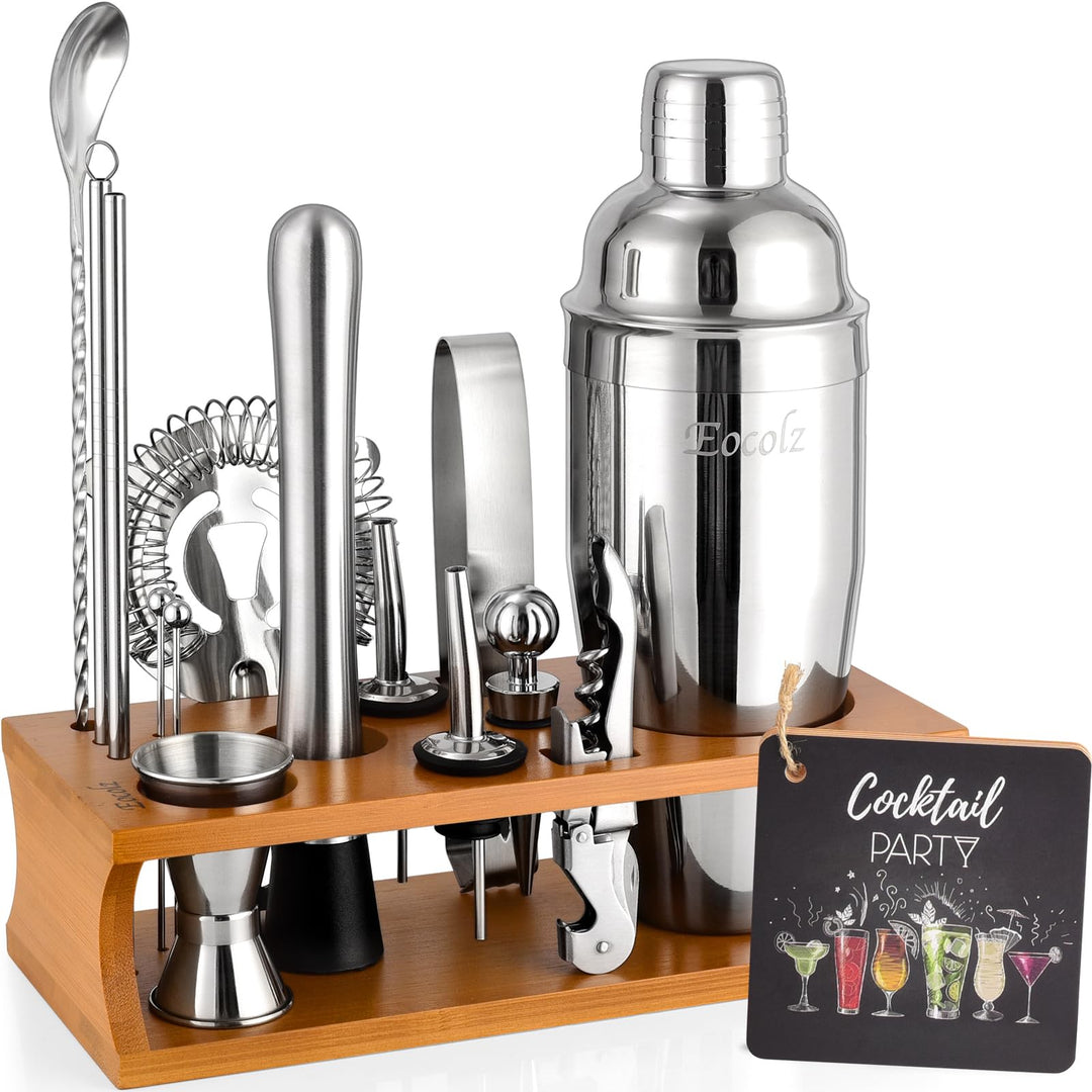 Cocktail Shaker Set mit Bambus Ständer & Rezeptbuch, Edelstahl 750ml Bar Cocktailset Cocktailshaker