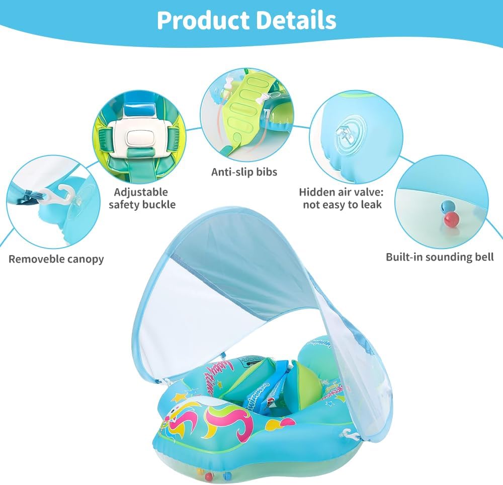 Baby Schwimmring mit Sonnendach und Sicherheitssitz, Baby Schwimmhilfe UPF50+, Floating Ring für Kin