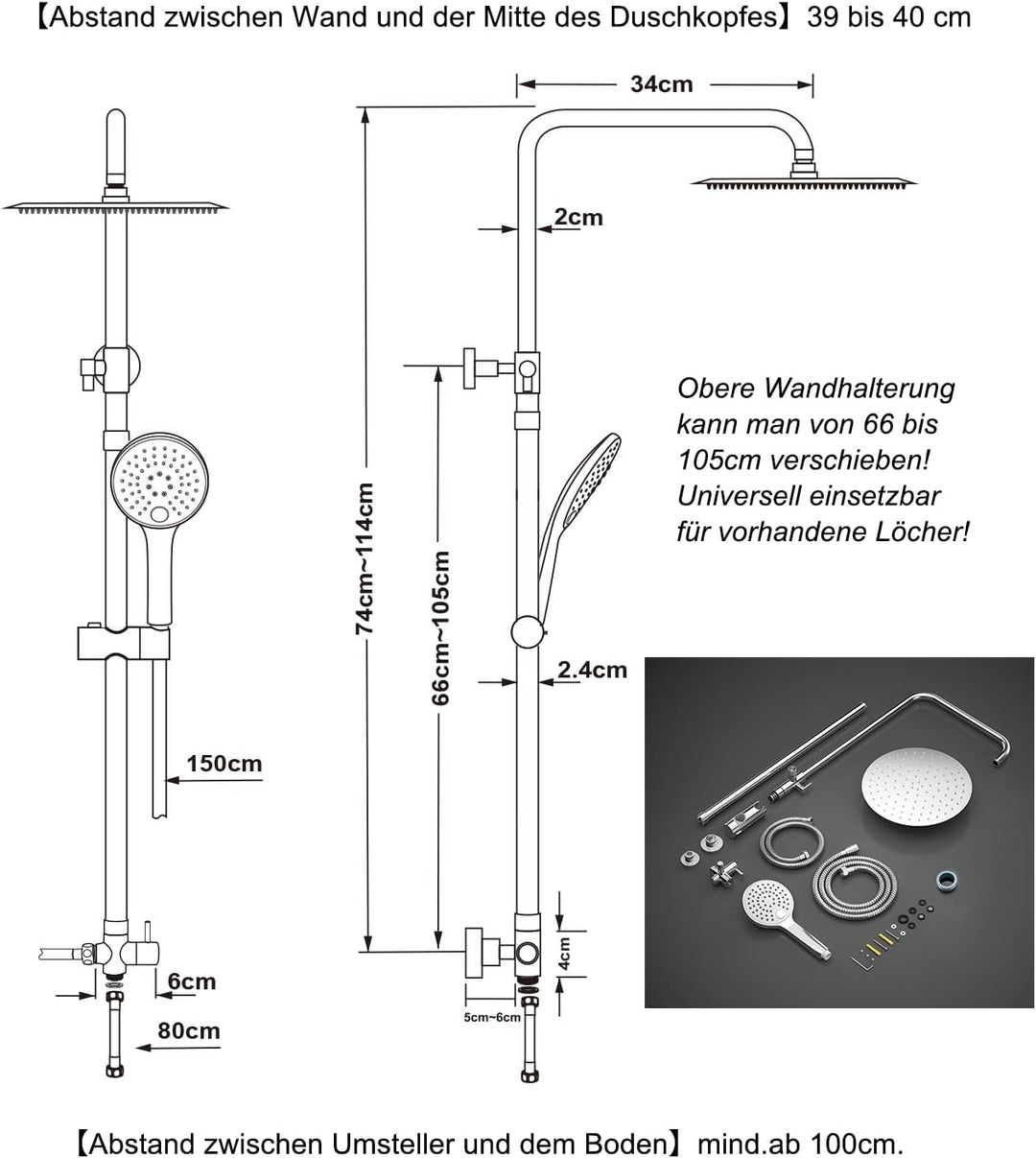JOHO Edelstahl Duschset ohne Armatur, Regendusche Duschsystem mit Duschkopf, Duschstange, Duschschla