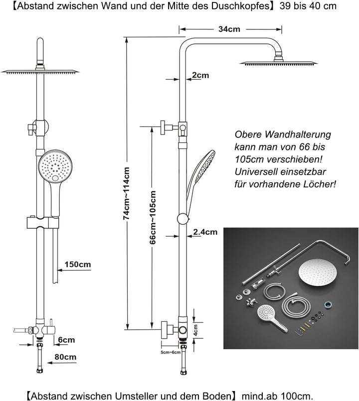 JOHO Edelstahl Duschset ohne Armatur, Regendusche Duschsystem mit Duschkopf, Duschstange, Duschschla