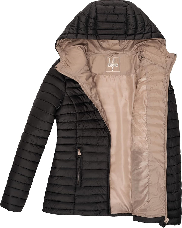 MARIKOO Damen leichte Übergangsjacke Steppjacke mit Kapuze Asraa XS-3XL S Schwarz, S Schwarz