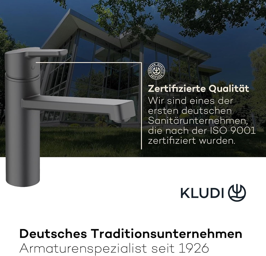 KLUDI-M3 Niederdruck Armatur Küche 360° schwenkbar, Wasserhahn Küche Schwarz mit 1 Strahlart, Mischb