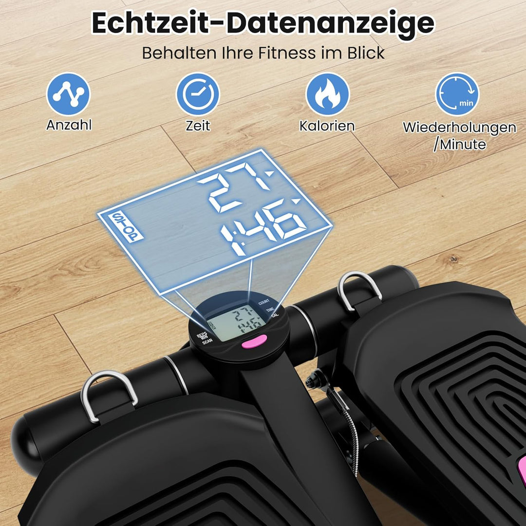 GYMAX Mini Stepper für Zuhause, Up-Down Stepper mit Power Ropes, LCD-Monitor & 5-stufige höhenverste