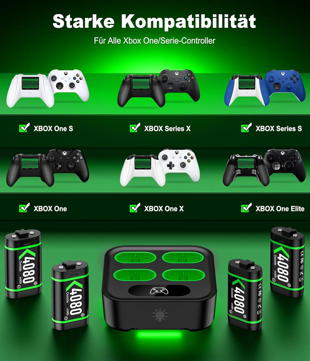 Ladestation Controller für Xbox One Akkupack mit 4x3600mWh Schnellladung USB Wiederaufladbar Akku-La