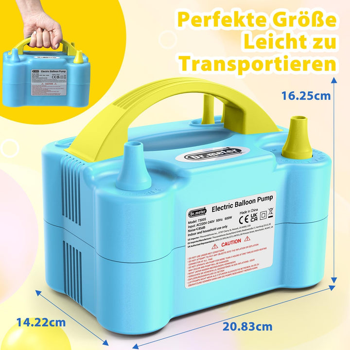 Elektrische Ballonpumpe, Dr.meter 600W Luftballonpumpe Ballonpumpe mit Doppeldüse Inflatorgebläse Tr