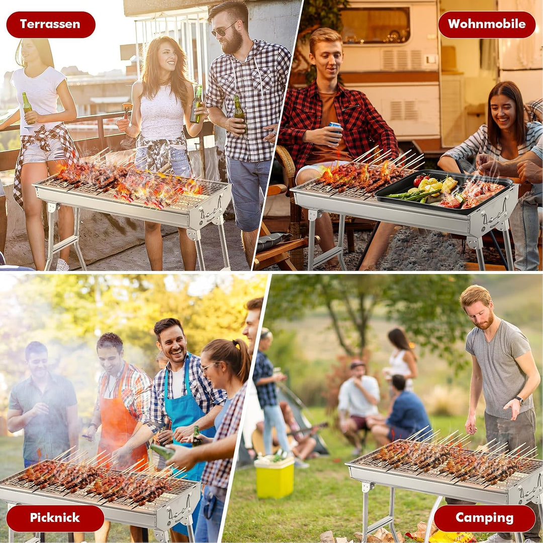Klappgrill Holzkohlegrill Edelstahl mit Ablage &amp; Gewürzboard | lang 100cm | Faltbarer Portable Schas