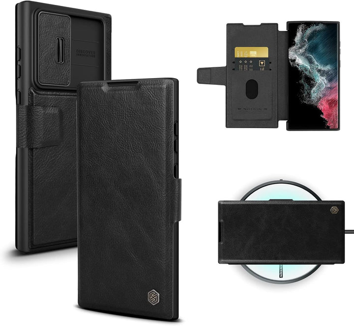 Nillkin Klappbar Hülle Kompatibel mit Samsung Galaxy S23 Ultra (6,8 Zoll), [Kameraschutz] PU Leder W