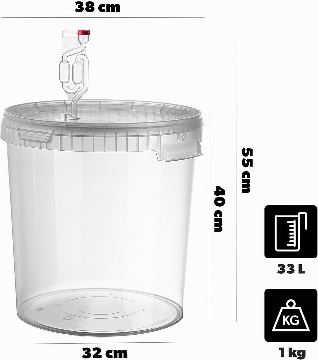 KADAX Gäreimer 33L Set mit Gärröhrchen & Gummistopfen, Gärbehälter aus Kunststoff mit Gärspund & Sto