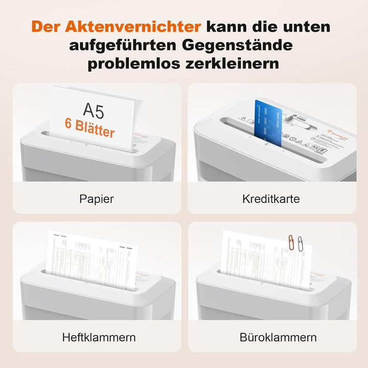 Bonsaii Aktenvernichter, 6 Blatt (A5) Kreuzschnitt, P-4 Hochsicherheit mit 6L Behälter, für Papier,
