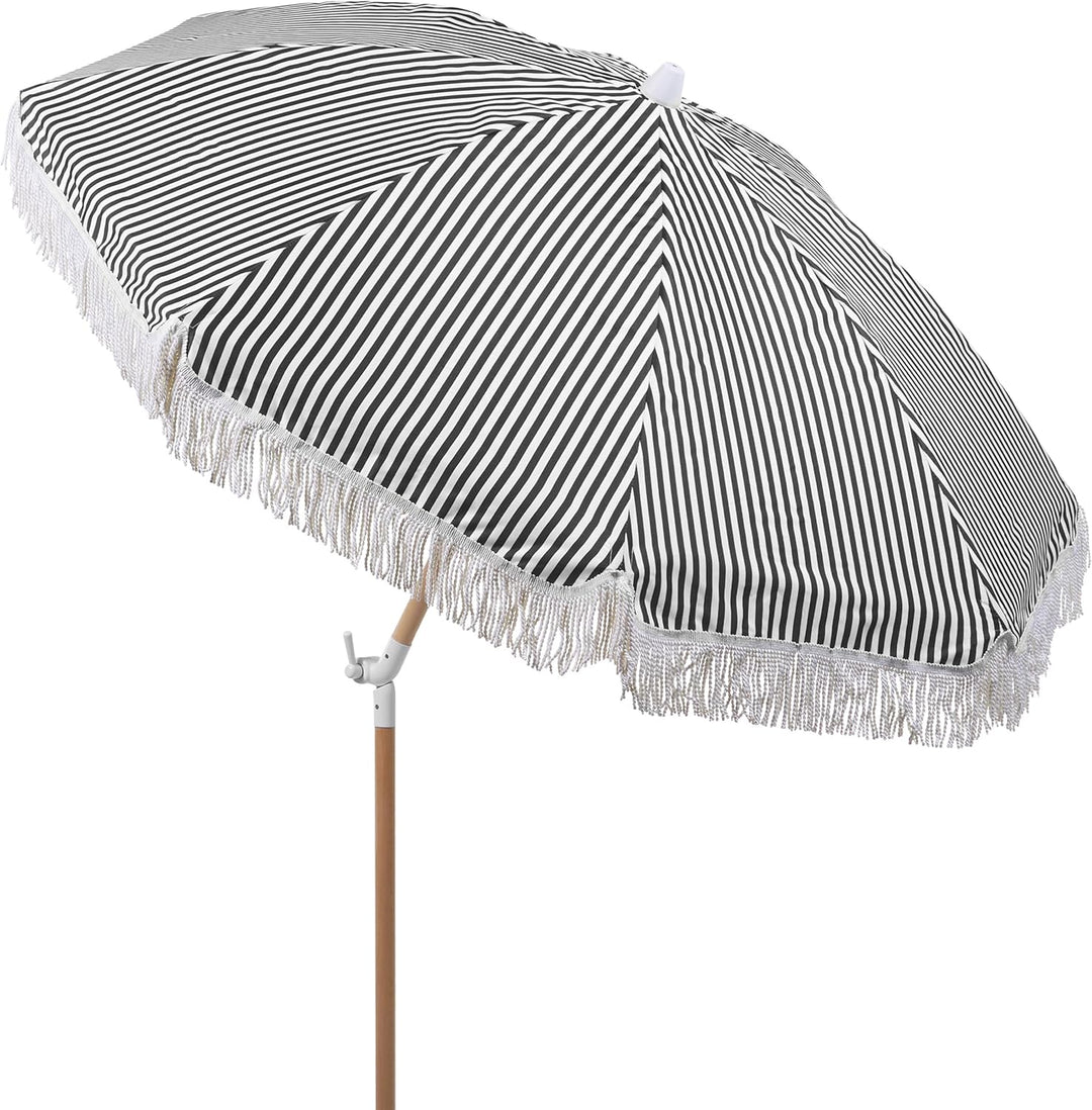 Sonnenschirm mit Volant Regenschutz Holzmast schwarz rund ⌀ 150 cm Boho Mondello