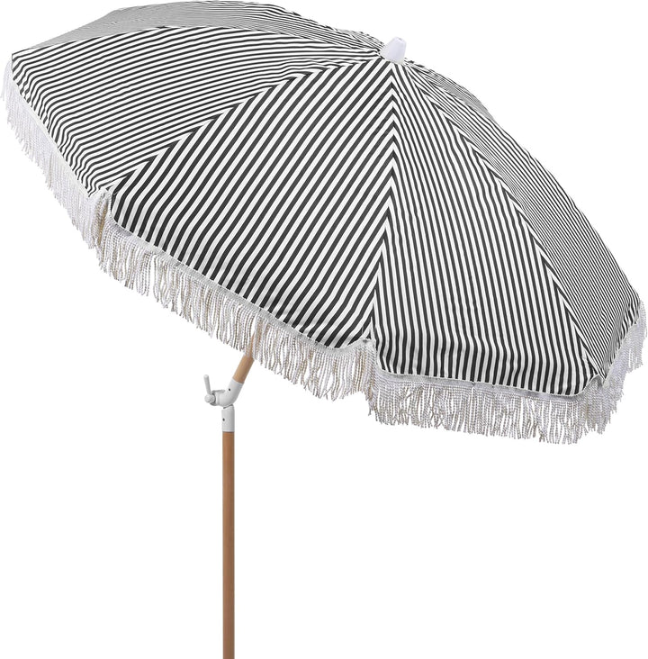 Sonnenschirm mit Volant Regenschutz Holzmast schwarz rund ⌀ 150 cm Boho Mondello