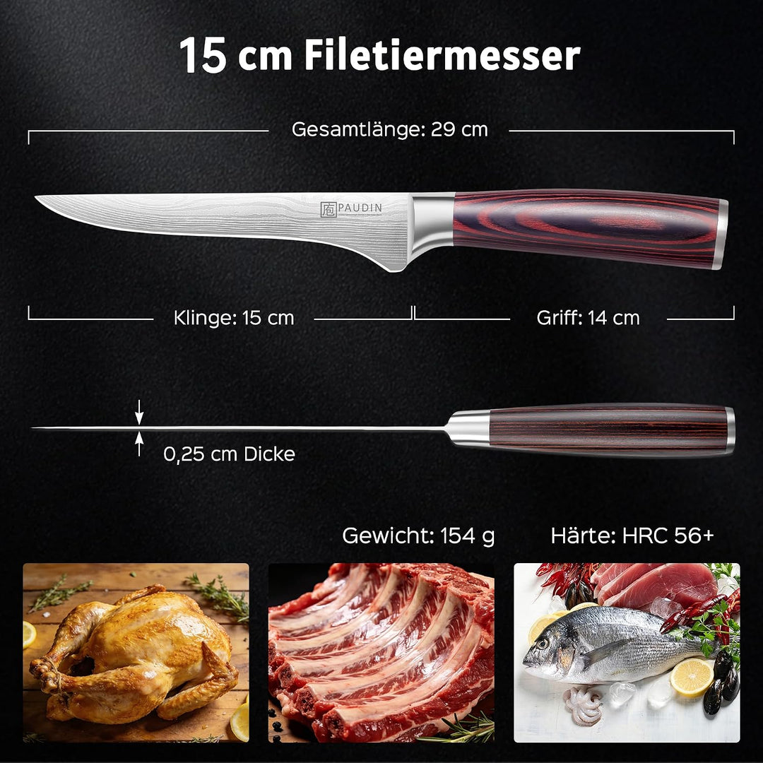 PAUDIN 15cm Filetiermesser Küchenmesser aus hochwertigem Edelstahl, Professional Kochmesser mit Scha
