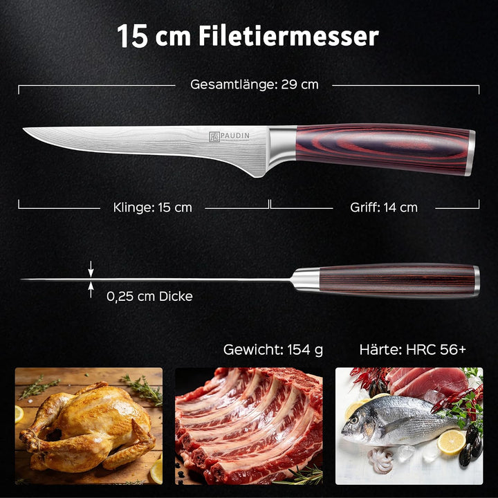PAUDIN 15cm Filetiermesser Küchenmesser aus hochwertigem Edelstahl, Professional Kochmesser mit Scha