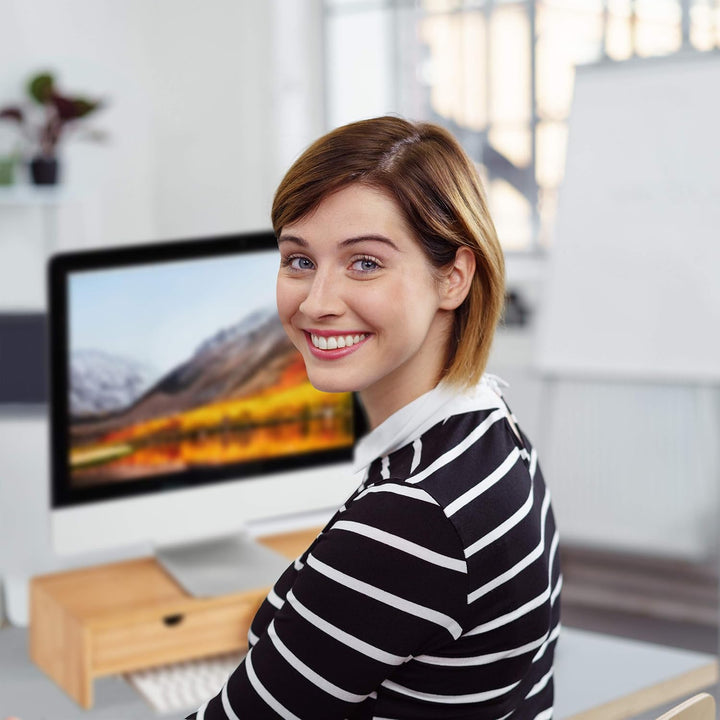 Relaxdays Monitorständer aus Bambus, PC Erhöhung mit 2 Schubladen, für Schreibtisch & Büro, HBT 11,5