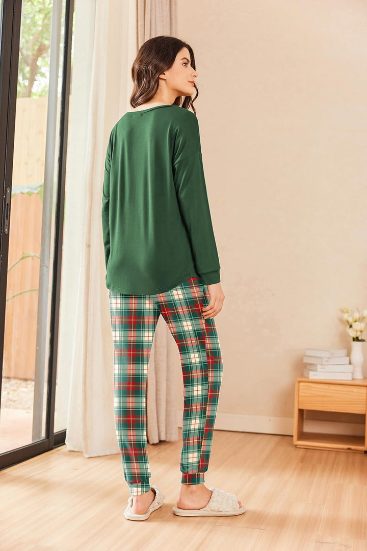 Ekouaer Schlafanzug Damen Lang Zweiteiler Pyjama Langarm Warm Pyjama Set Weich Nachtwäsche Kariert,