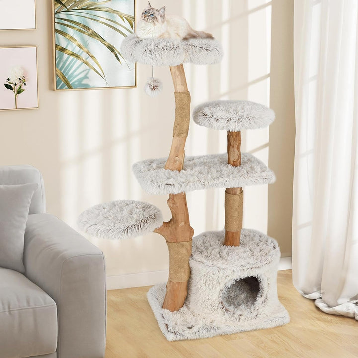 SOARS Kratzbaum Holz, Katzenbaum mit 2 natürlichen Birnbaumstämmen, Sitzplattform & Plüschflächen, S