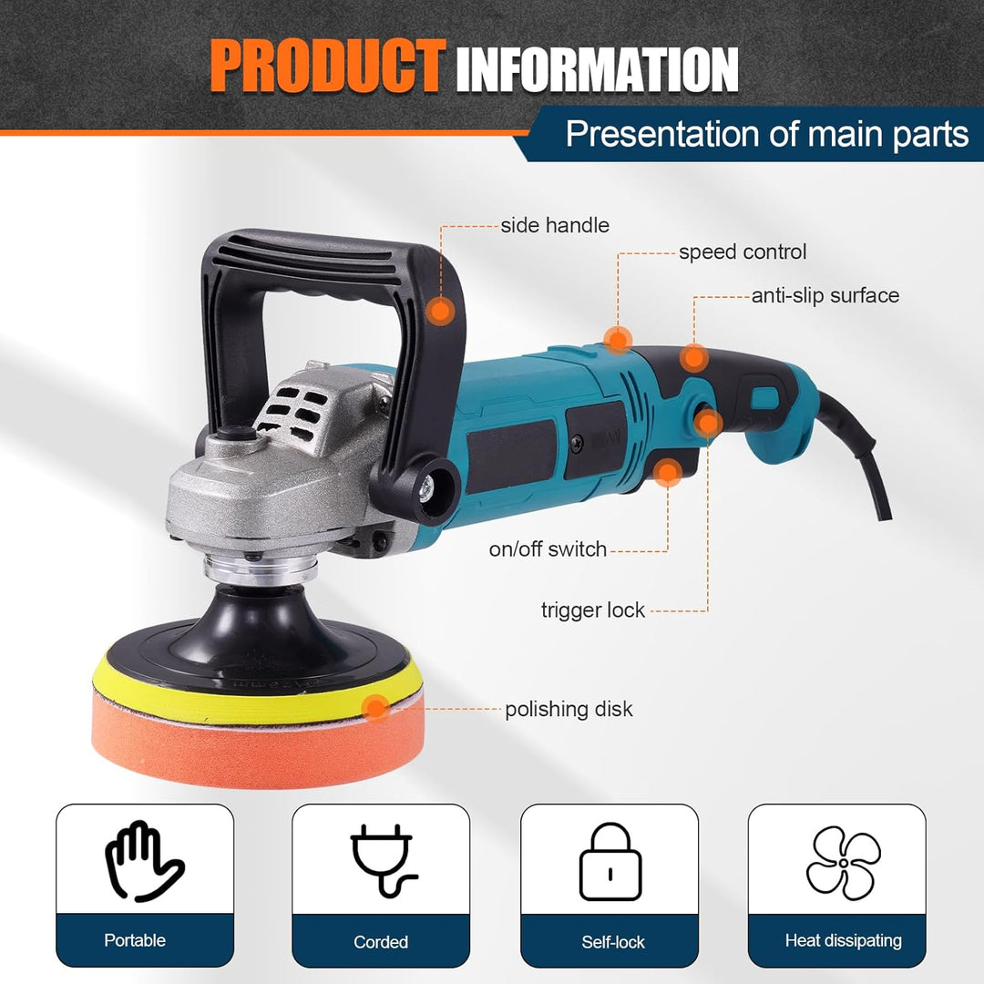 Poliermaschine Auto Akku 1600W mit 5”, 6” und 7” Polierpads für Autos, Poliermaschine mit 6 Variable