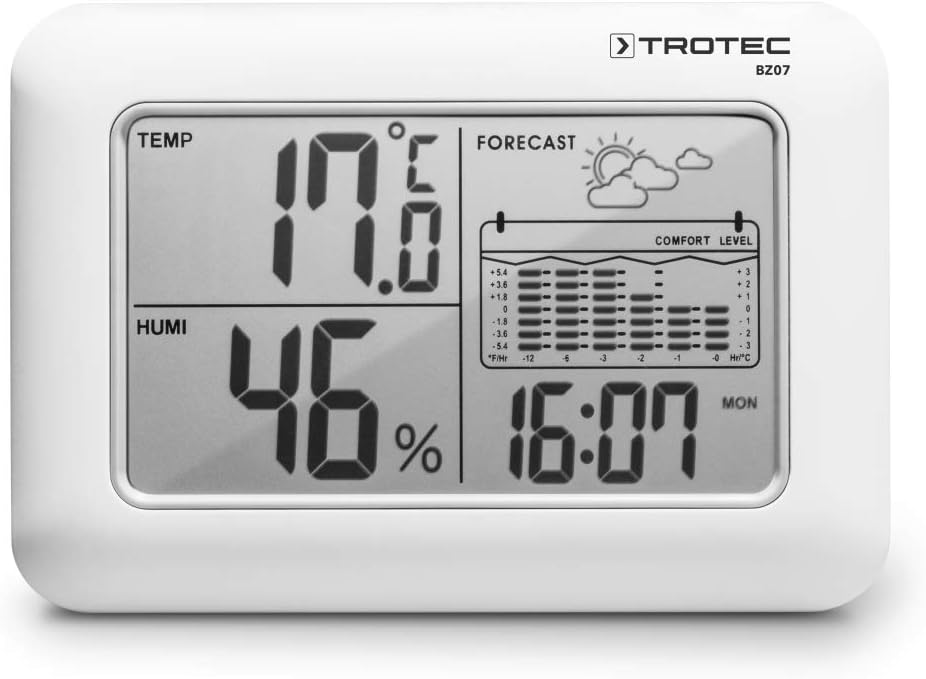 TROTEC BZ07 Wetterstation 6-in-1-Kombigerät mit Innenraum-Klimawerten, Wettertrend, 12-Stunden-Tempe