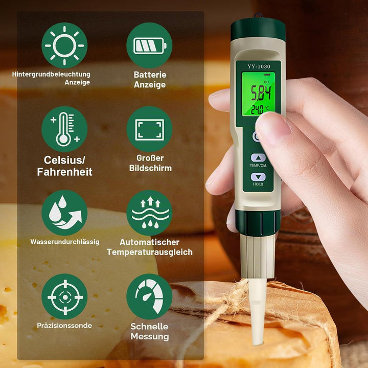 pH Messgerät für die Herstellung von Fermentierten Lebensmitteln Test pH, °C/°F, IP67 und Hintergrun