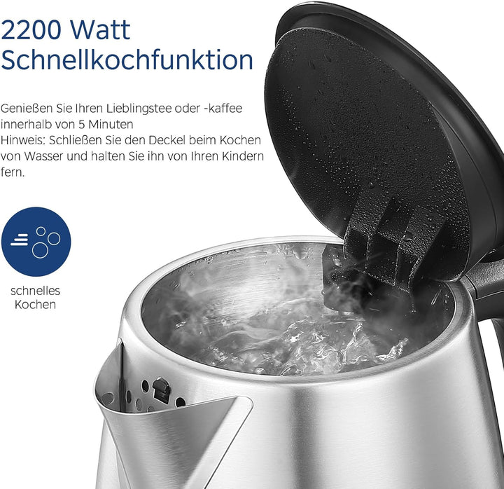 Midea Wasserkocher Edelstahl 1.7L, BPA-freier Wasserkocher, 2200W Schnellkochfunktion, Kettle mit Wa