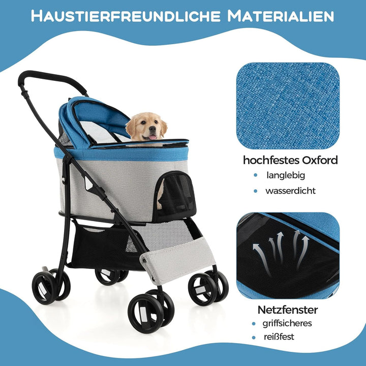 COSTWAY 3 in 1 Hundewagen, Hundebuggy klappbar, bis 15 kg, Haustierwagen mit Netzfenstern | verstell