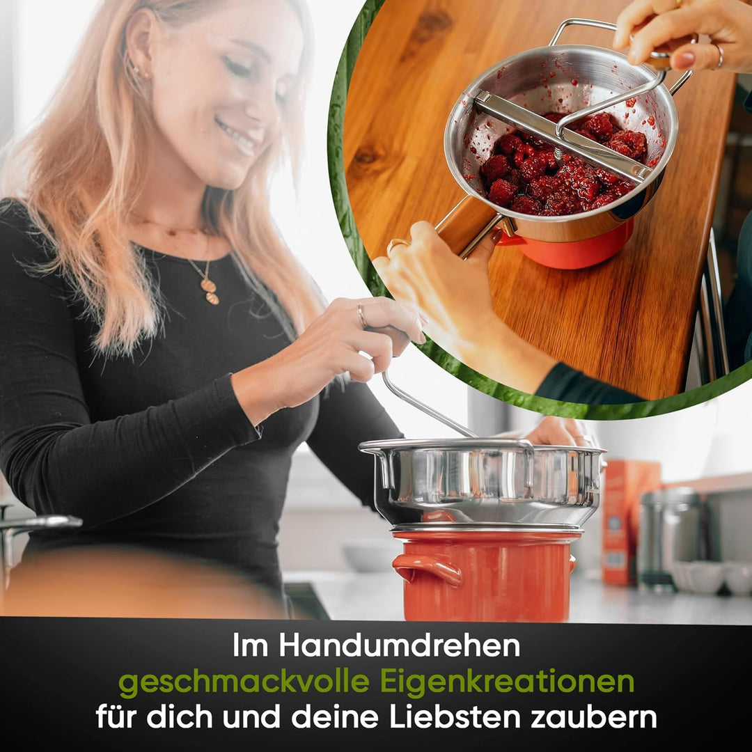 𝐌Ü𝐇𝐋𝐄𝐍𝐖𝐄𝐑𝐊 Passiermühle Edelstahl inkl. 3 Passiersieb-Einlagen [naturreines Eichenholz] 2,3 L Füllvo
