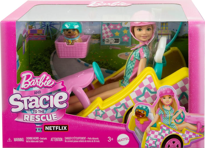Barbie und jüngere Schwester Stacie - Gokart Abenteuer Spielset mit praktischem Hundekorb zum Anbrin