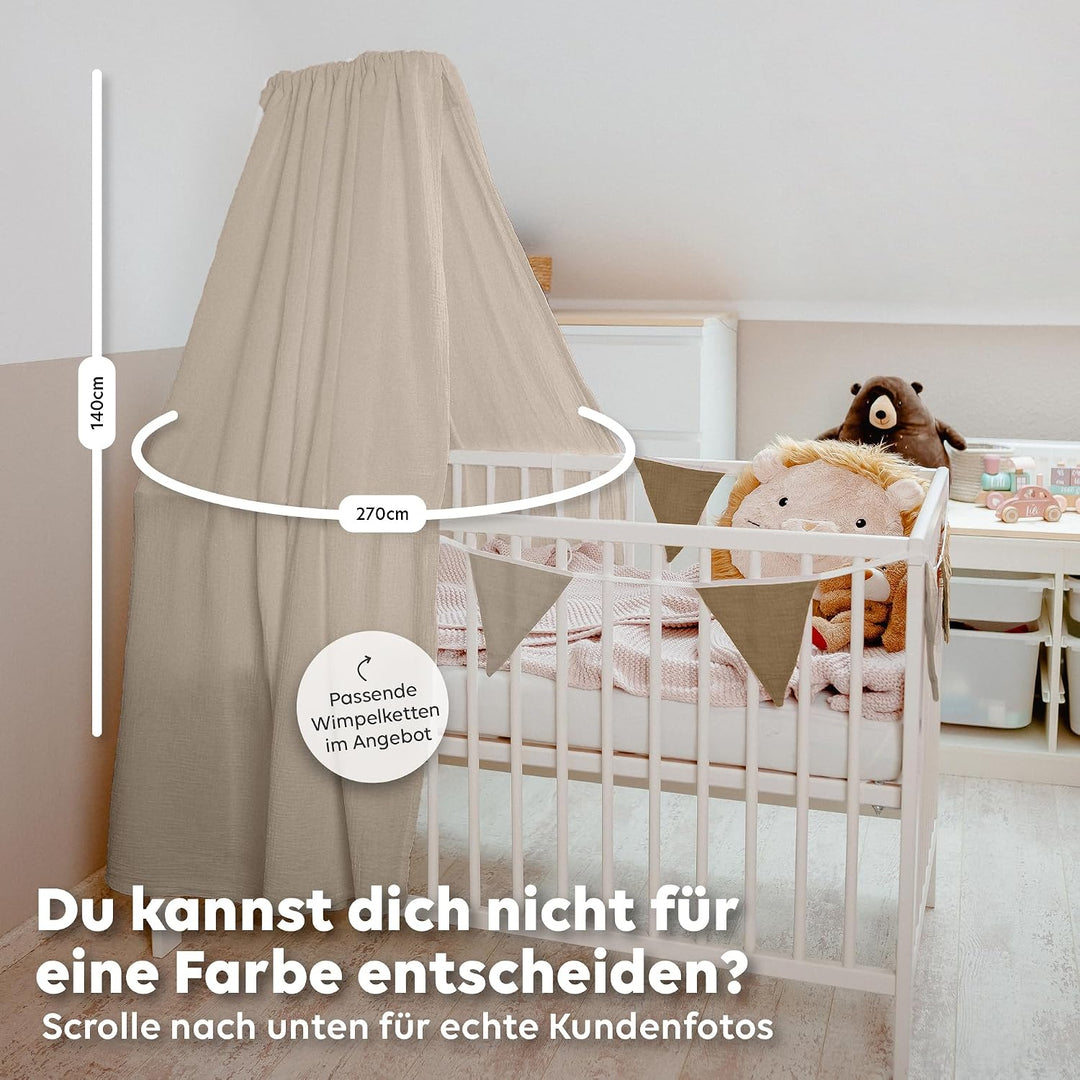 lilimaus Betthimmel Babybett [Beige] - Himmel Babybett aus 100% Baumwolle Musselin Handmade - Betthi