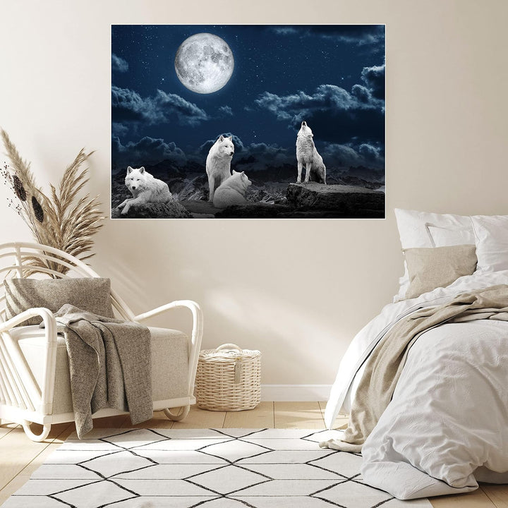 wandmotiv24 Poster als Wanddeko, Grösse Din A0, Wolfsrudel, Wolf, Gemälde, Mond, Wölfe, Felsen, Tier