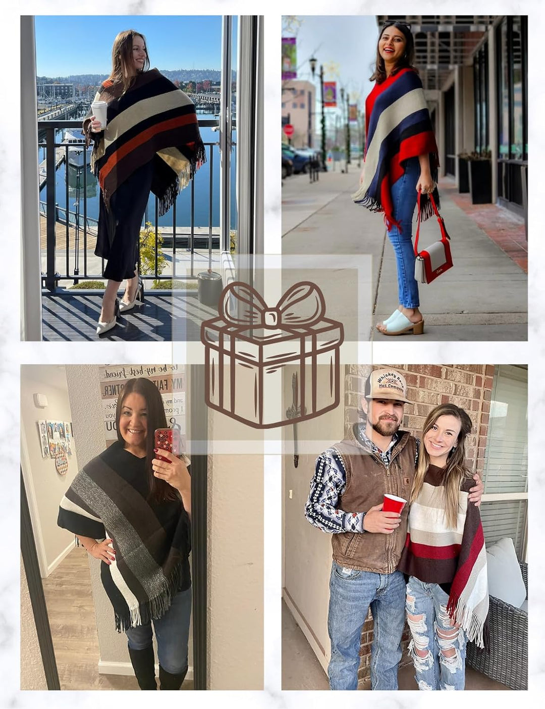 Ferand Damen Gestreifter Poncho Pullover Vielseitiger Schal zum Wickeln mit Fransen für Herbst und W