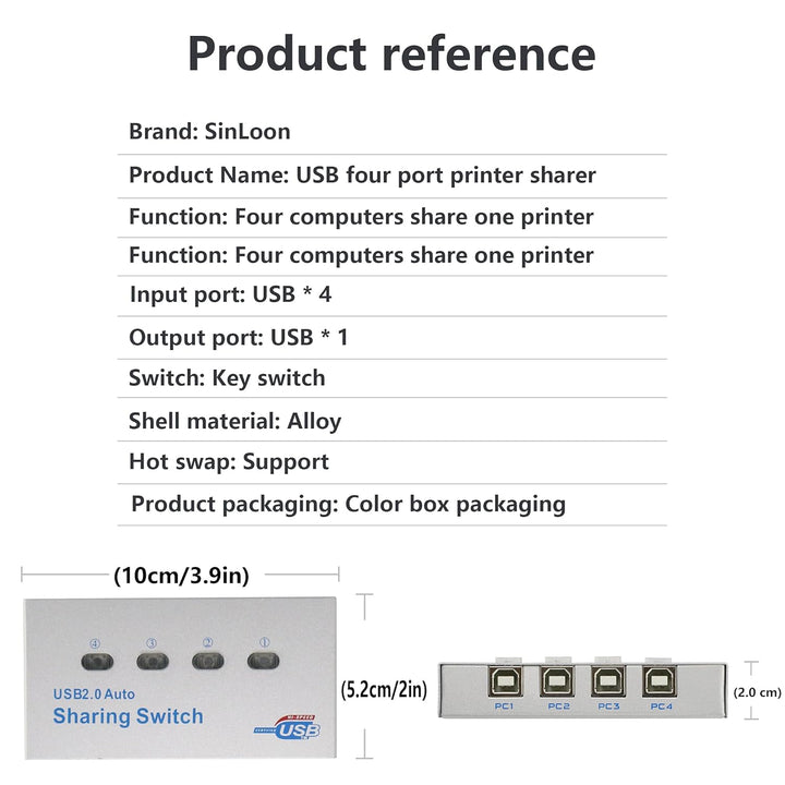 SinLoon Drucker-Splitter, USB-Drucker Sharing Switch, 4 Ports, 4 PC Share 1 USB-Gerät, High-Speed Sh