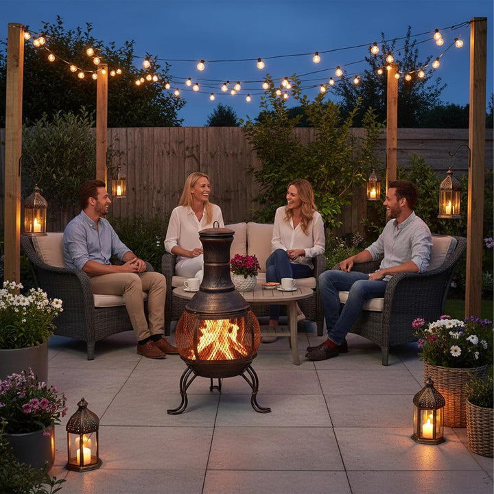 Relaxdays, Bronze Aztekenofen, Schürhaken, Holzrost, Funkenschutzgitter, Garten, Terrasse, antiker F