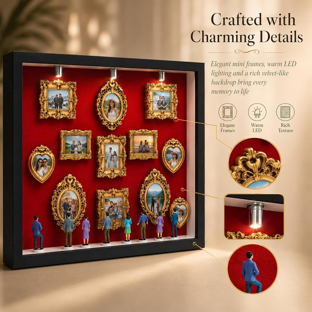 DIY Mini Museum Schattenbox mit LED, Erinnerungsrahmen Set | 11 Mini-Frames, 8 Figuren, Holz &amp; Harz,