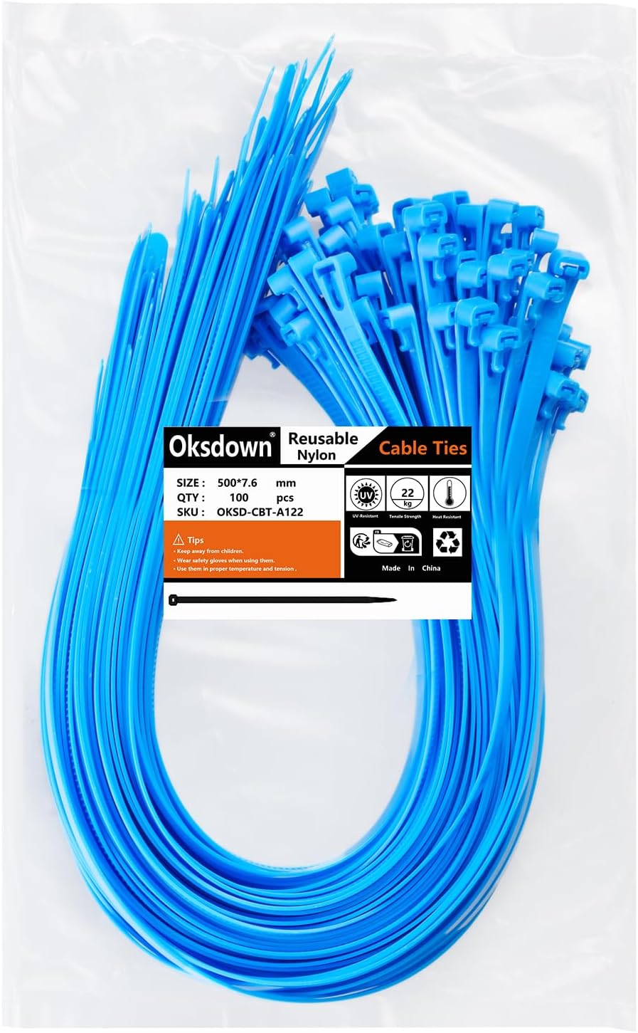 Kabelbinder wiederverschliessbar Blau 500 mm × 7,6 mm 100 Stück UV-Beständig Stark Gross Nylon Kunst