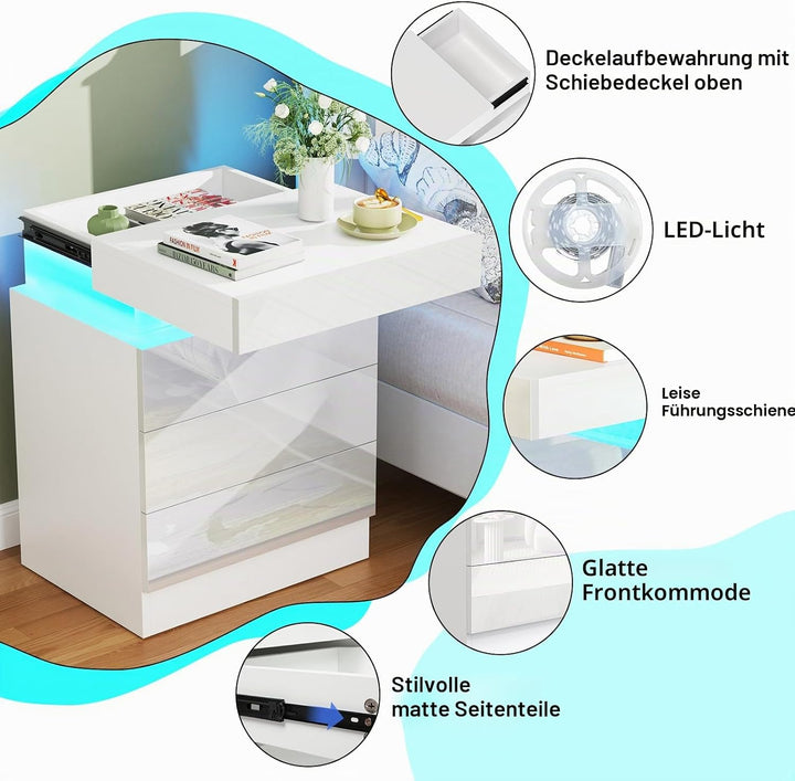 Lvhcmfohm Nachttisch Weiss 2er Set, Nachtschrank mit Led Licht, Nachtkommode mit 3 Schubladen und Sc