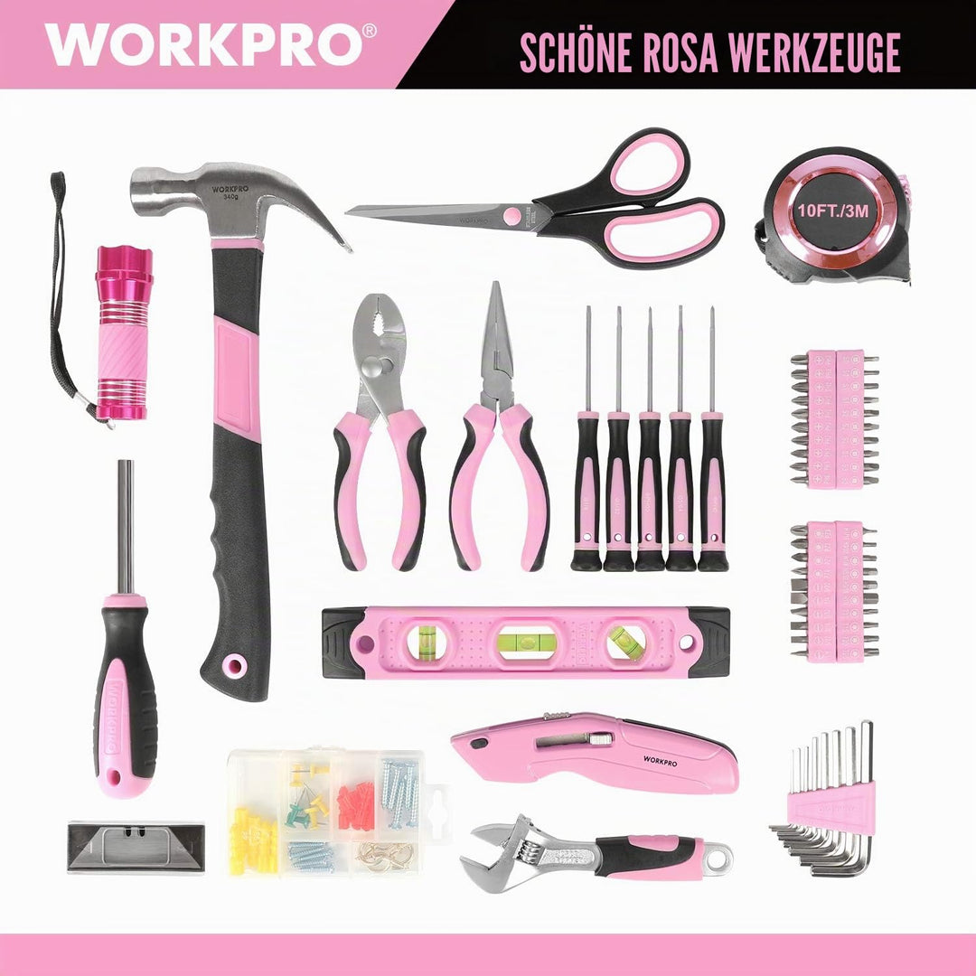 WORKPRO Pink Werkzeug Set Rosa Werkzeugkoffer 106-teilig Haushalts-Werkzeugsatz Reparatur inkl. Tasc