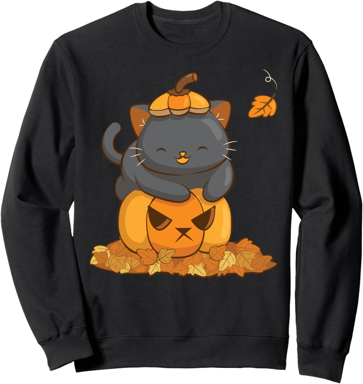 Halloween Schwarze Katze auf Kürbis mit Herbstblättern Kawaii Sweatshirt