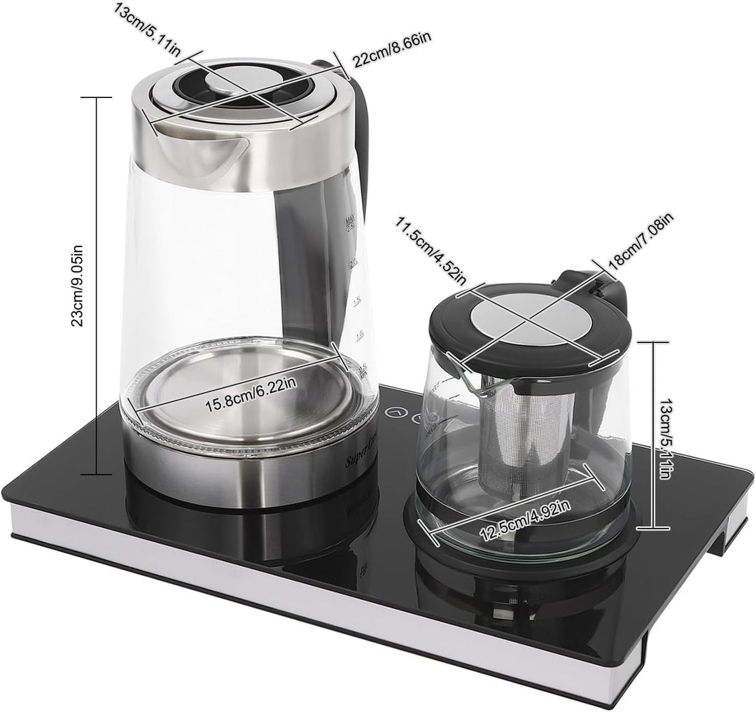 Elektrischer Wasserkocher Set 2-in-1 1500W – Glas Edelstahl Doppel Kettle 2.5L + 1L LCD Touch Temper