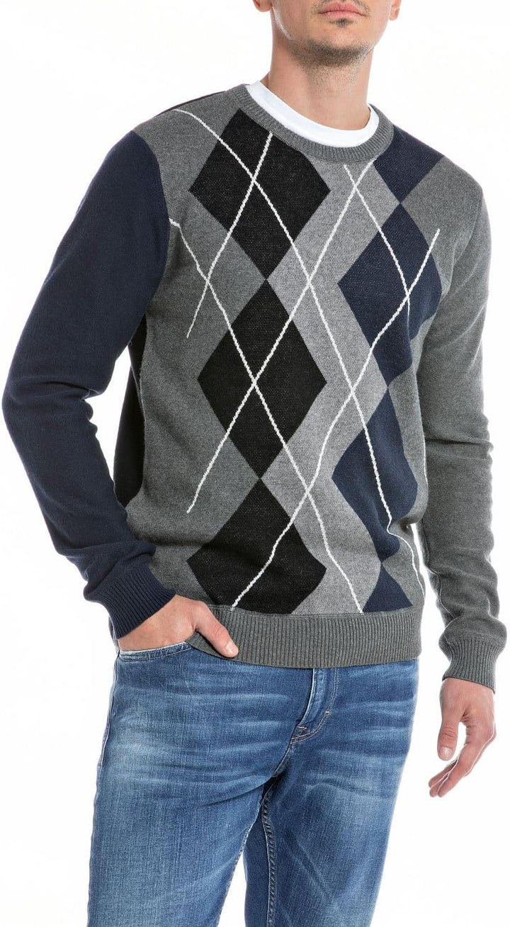Replay Herren Pullover L 010 Jacquard Grey Mel/Black/Whithe, L 010 Jacquard Grey Mel/Black/Whithe