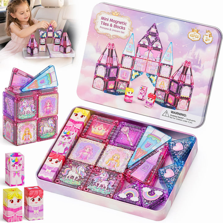 burgkidz Magnetische Bausteine Reisespielzeug für Mädchen: 42 Teile Prinzessin Einhorn Magnetische T