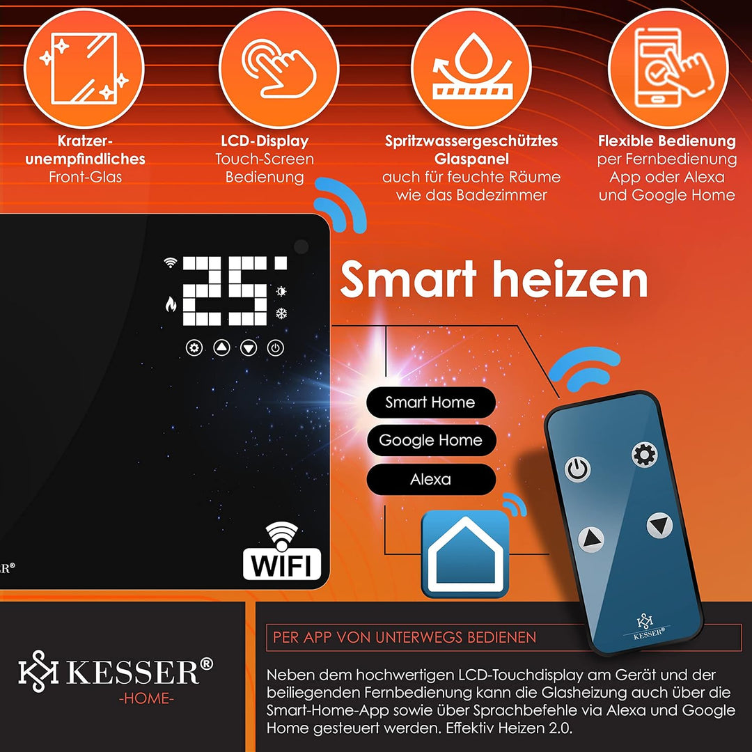 KESSER® Glaskonvektor Glasheizung Elektroheizkörper APP WiFi Funktion Inkl. Fernbedienung Elektrohei