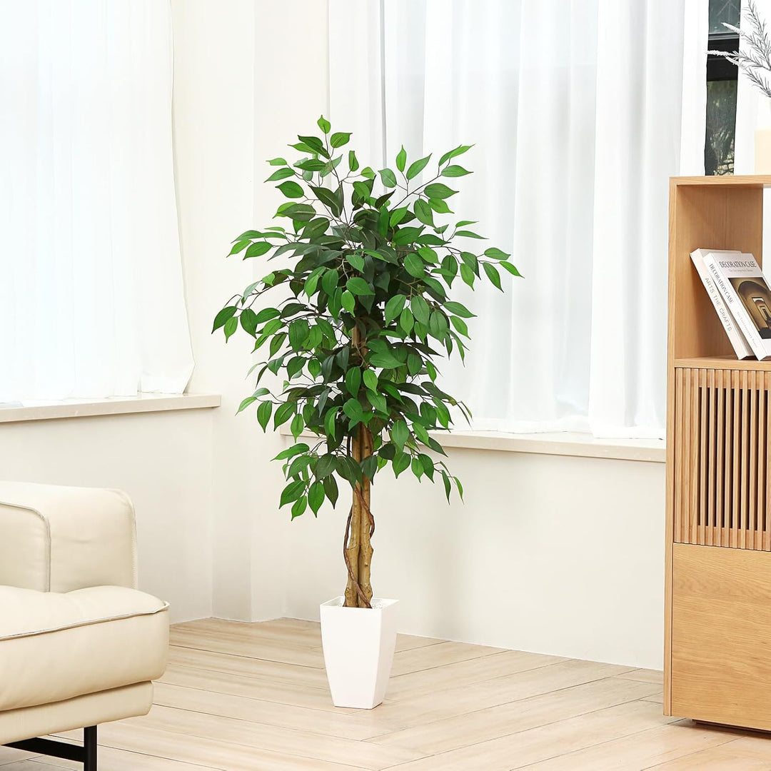 Kazeila Künstliche Pflanzen Gross 120cm Ficus Kunstpflanze mit Weiss Topf Fake Plastikpflanzen für H