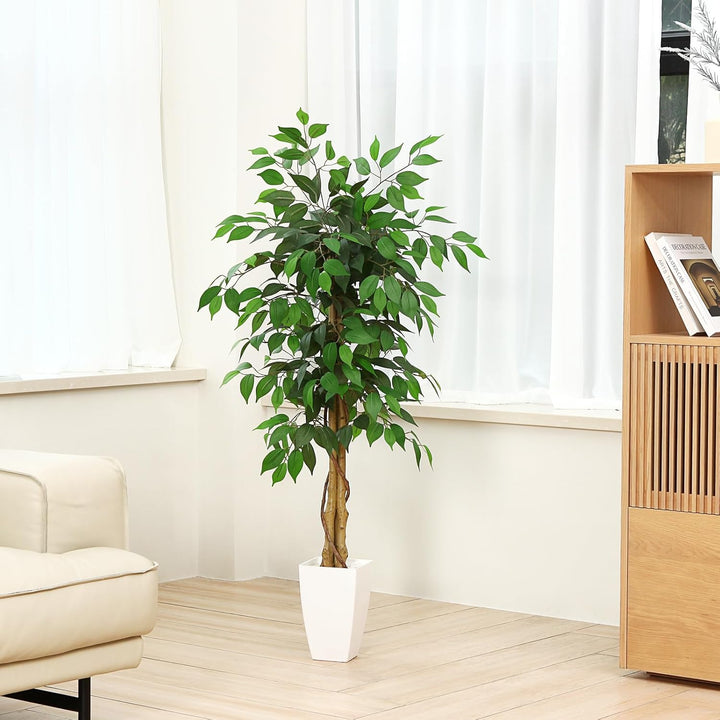 Kazeila Künstliche Pflanzen Gross 120cm Ficus Kunstpflanze mit Weiss Topf Fake Plastikpflanzen für H