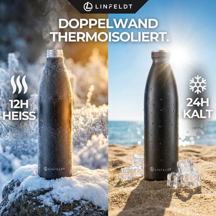 LINFELDT® 1L Trinkflasche Edelstahl Isoliert 24H Auslaufsicher + Sprudel | 1000ml Wasserflasche geig
