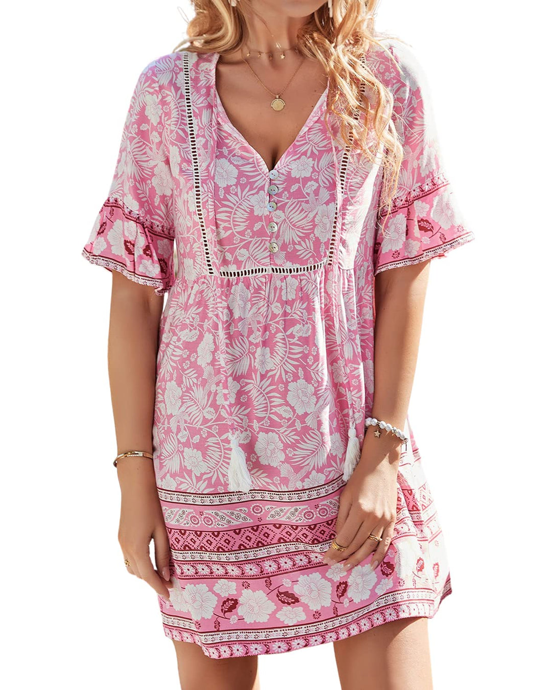 BebreezChic Damen Kleid Kurz Boho V-Ausschnitt Hohe Taille Vintage Fransen Luftig Casual Minikleider